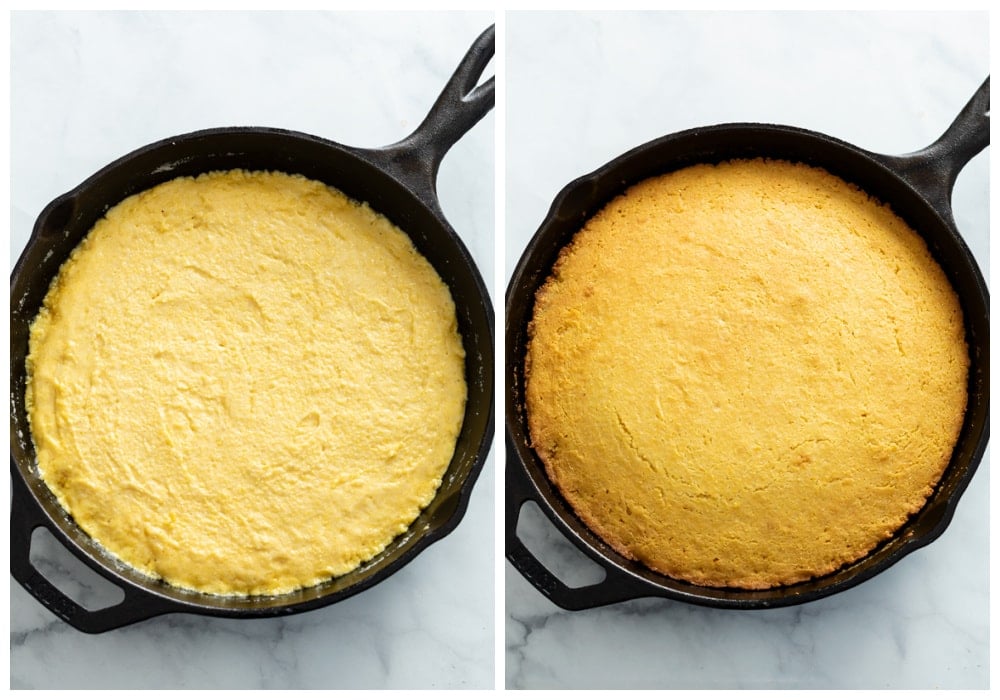 A cast iron skillet with cornbread before and after baking.