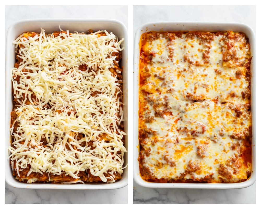 A casserole dish of Lasagna Roll Ups before and after baking.