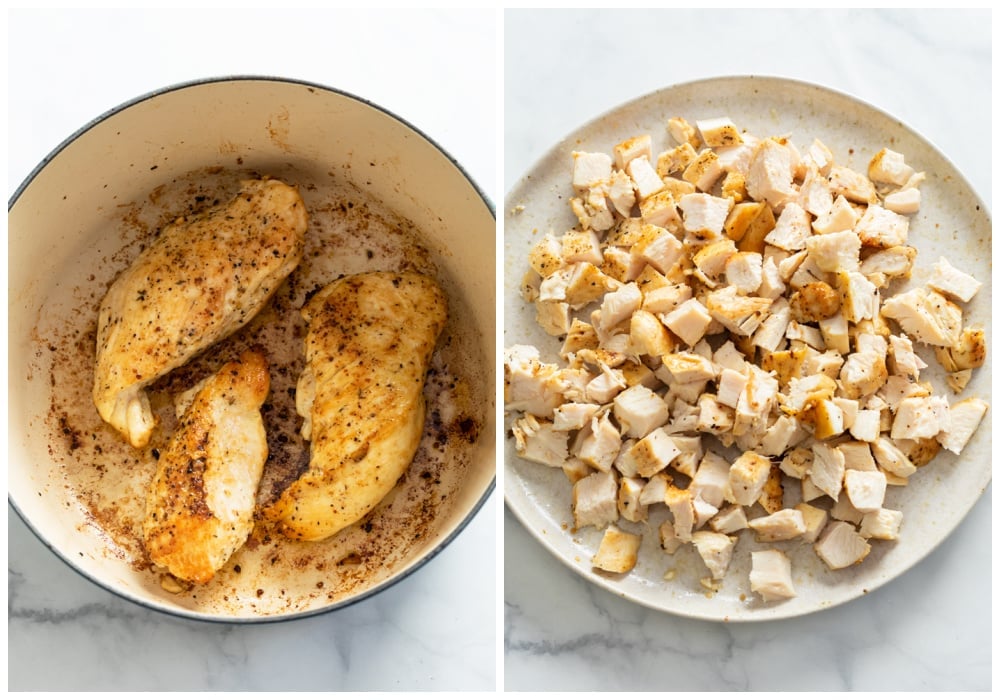 Seared chicken in a Dutch oven next to a plate of diced chicken.