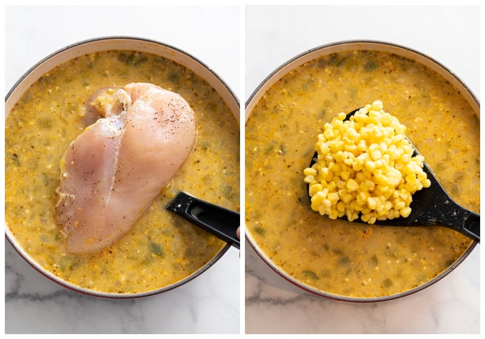 A soup pot with chicken and corn being added to it.