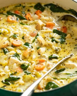 A soup pot with Lemon Chicken Orzo Soup with a ladle in it.