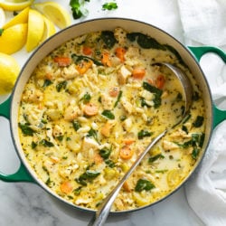 A pot filled with Lemon Chicken Orzo Soup with a ladle in it.
