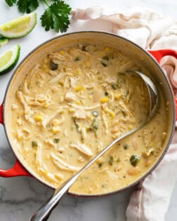 A soup pot filled with White Chicken Chili with a ladle in it.