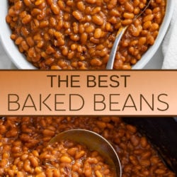 A collage of Baked Beans in a bowl and in a crock pot.