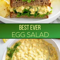 A collage of Egg Salad in a bowl and in a sandwich.