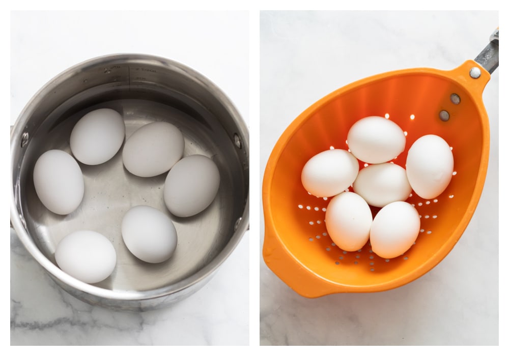 Hard Boiled Eggs in a pot with water and in a colander.