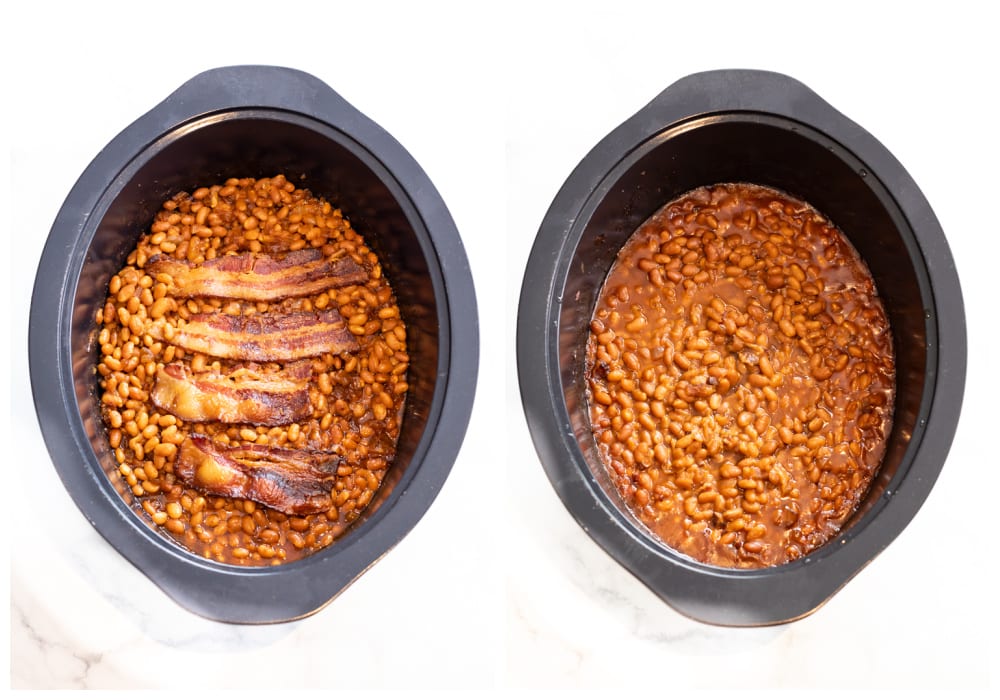Baked beans in a crock pot with bacon.