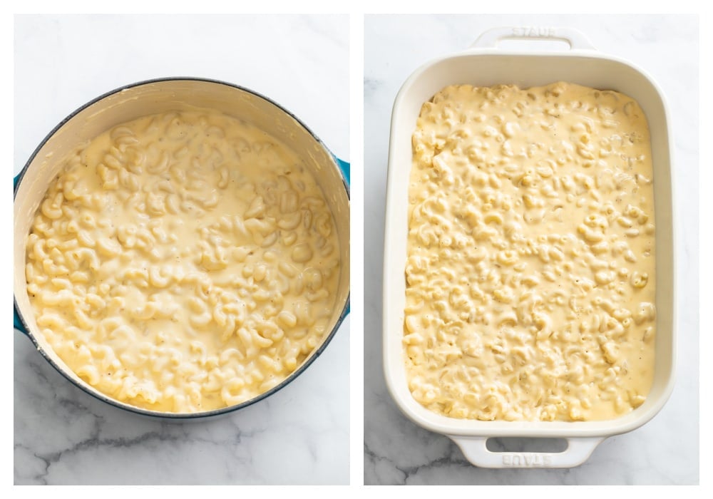 Macaroni and Cheese in a Dutch oven and in a casserole dish.