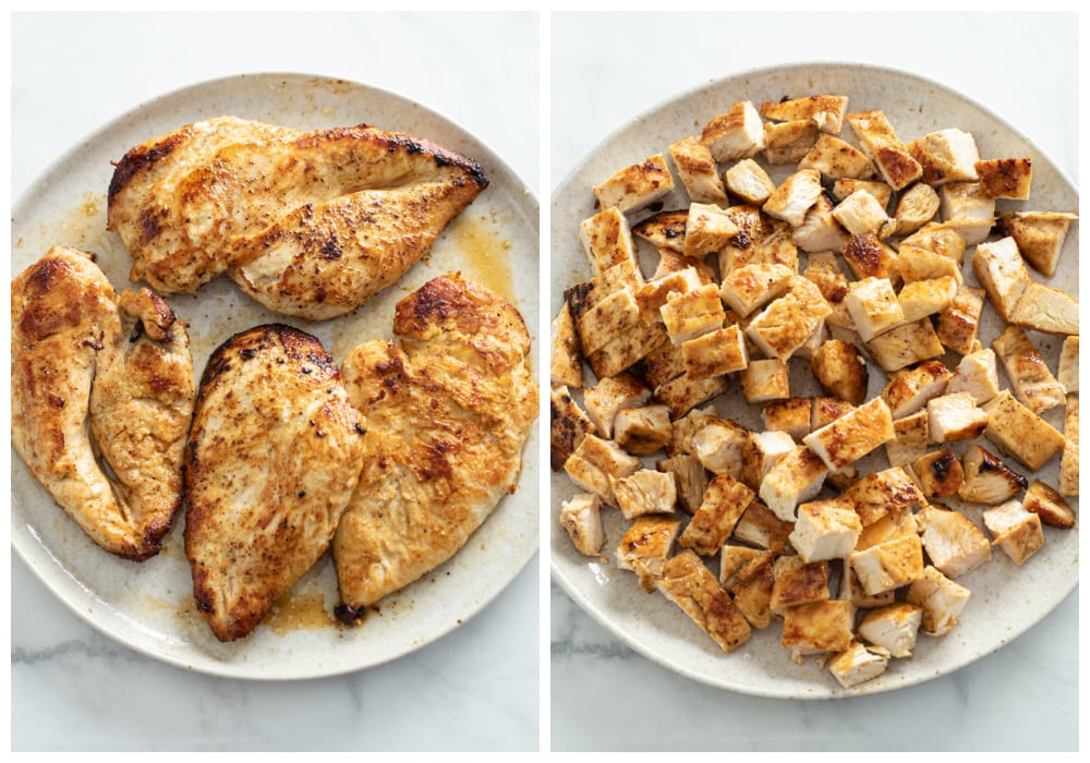 Seared chicken before and after being diced for Salad.