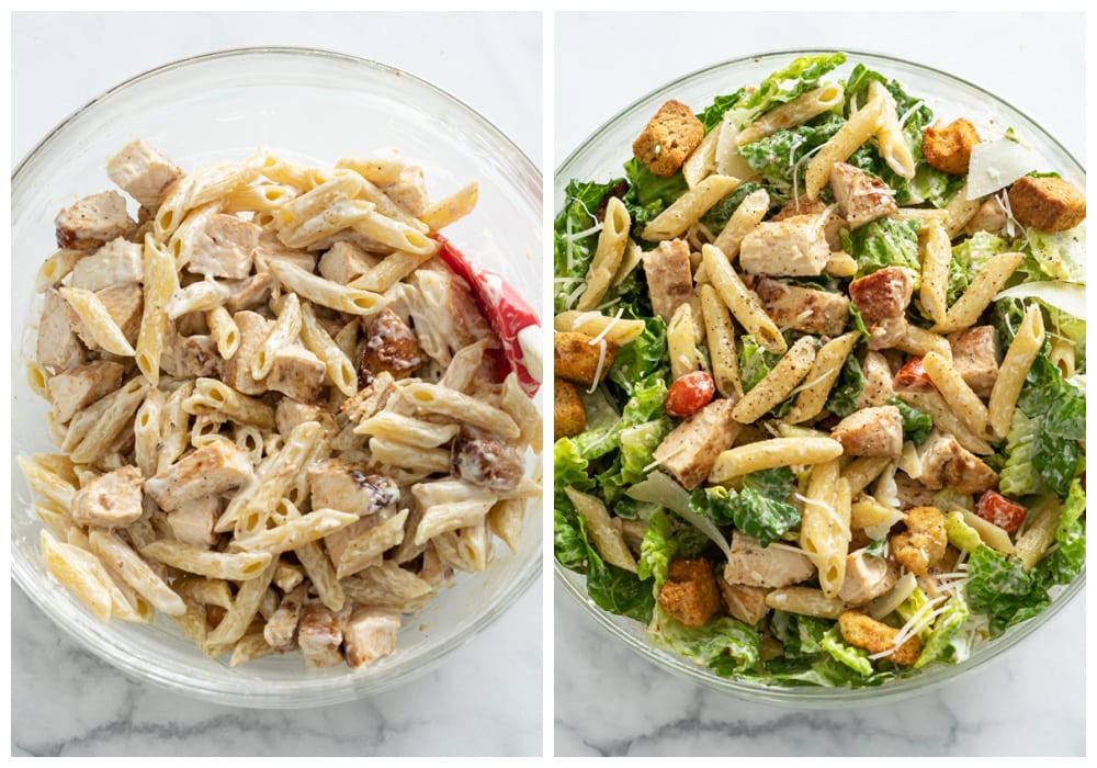 Assembling Chicken Caesar Pasta Salad in a glass bowl with pasta, lettuce, and chicken.