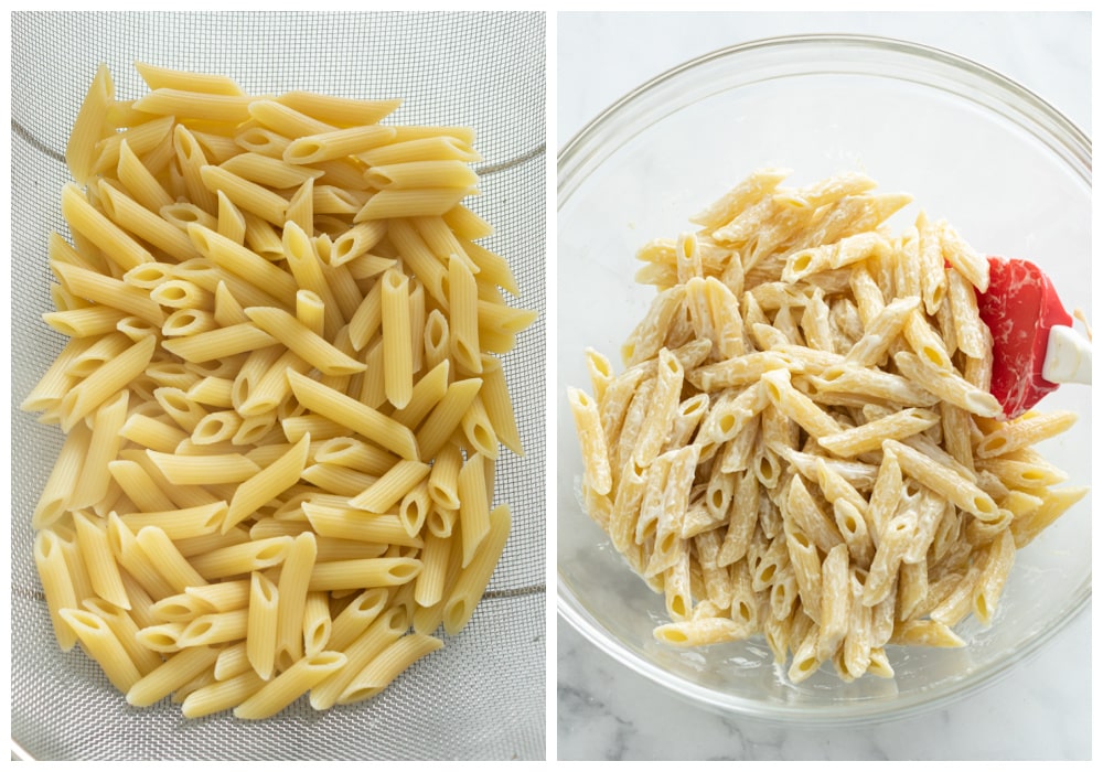 Drained Pasta next to a glass bowl of pasta tossed in Caesar salad dressing.
