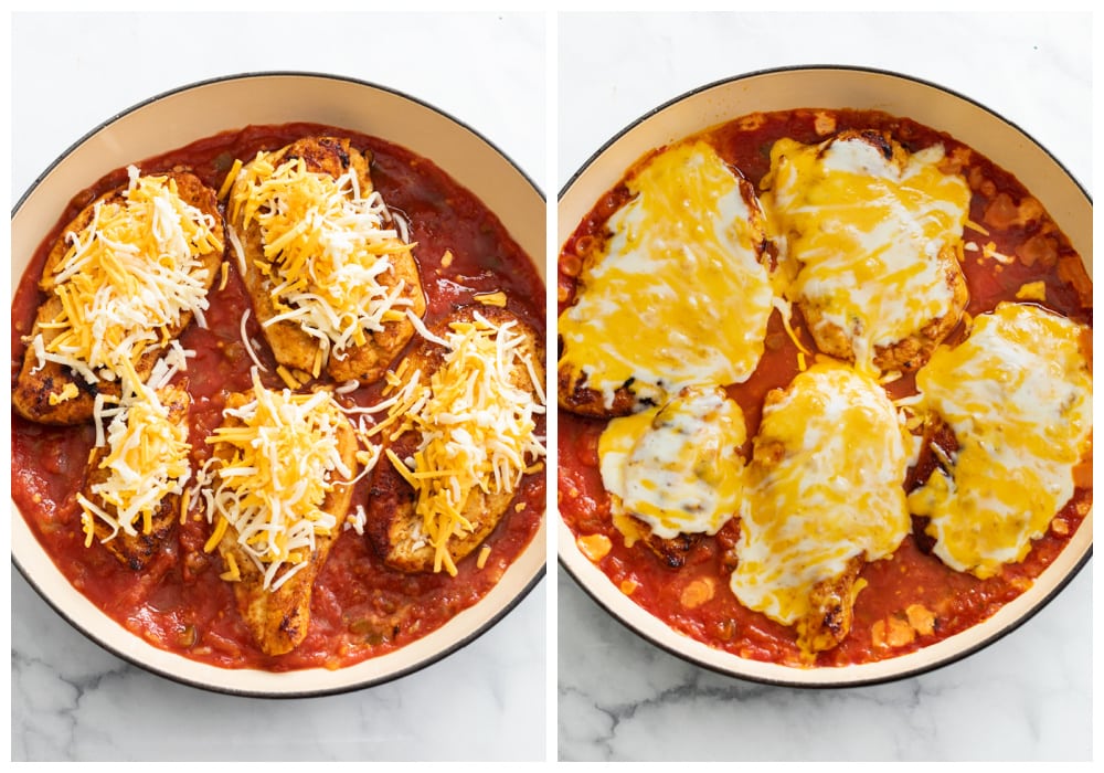 Salsa Chicken in a baking dish with cheese on top before and after baking.