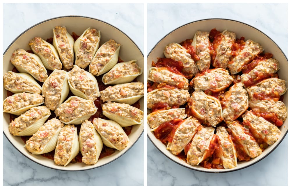 Taco-stuffed shells in a pan before and after adding the sauce.