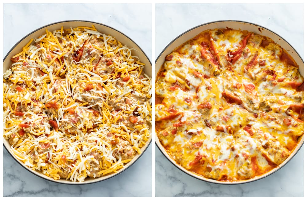 Taco stuffed shells in a baking dish before and after cooking.