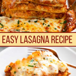 Lasagna on a white plate and in a casserole dish.
