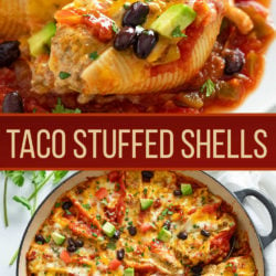 A collage of Taco Stuffed Shells on a plate and in a baking dish.