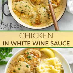 A collage of chicken in a white wine sauce in a skillet and on a plate.
