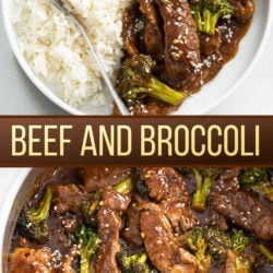 A collage of Beef and Broccoli on a plate and in a skillet.