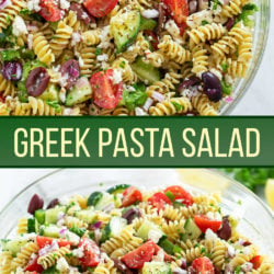A collage of Greek Pasta Salad in a glass bowl.