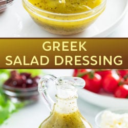 A collage of Greek Salad Dressing in a bottle and in a glass bowl.
