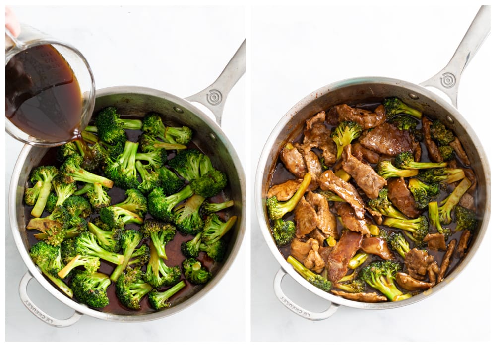 Adding sauce to a skillet of broccoli and then adding beef for beef and broccoli.
