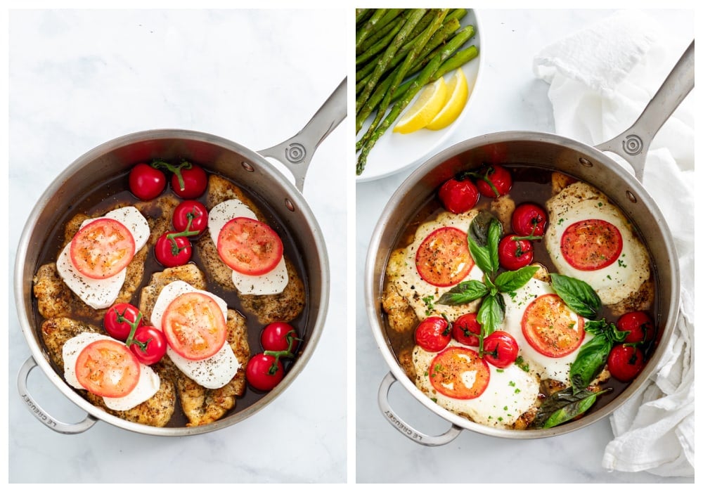 A skillet of Caprese Chicken before and after it is baked.