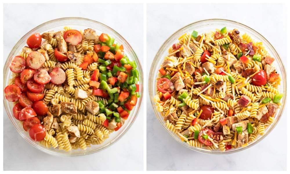 Chicken Pasta Salad before and after being mixed together.