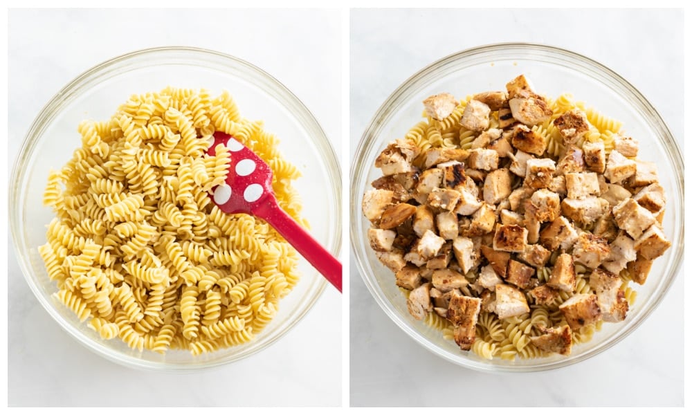 A glass bowl with rotini pasta next to a bowl with pasta and chicken.