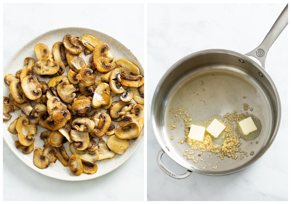 Cooked mushrooms on a plate next to a skillet with butter and garlic.