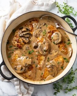 A skillet filled with mushroom chicken.