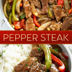A collage of Pepper Steak in a skillet and on a white plate.