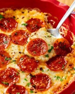 Pizza Dip in a Red Pie Plate.