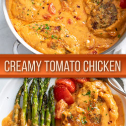 A collage of Tomato Chicken in a skillet and on a white plate.