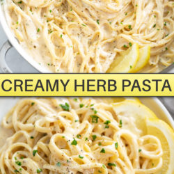 A collage of Creamy Herb Pasta in a skillet and on a plate.