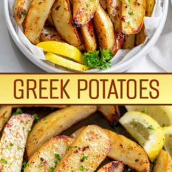 A collage of Greek Potatoes on a roasting pan and in a white bowl.