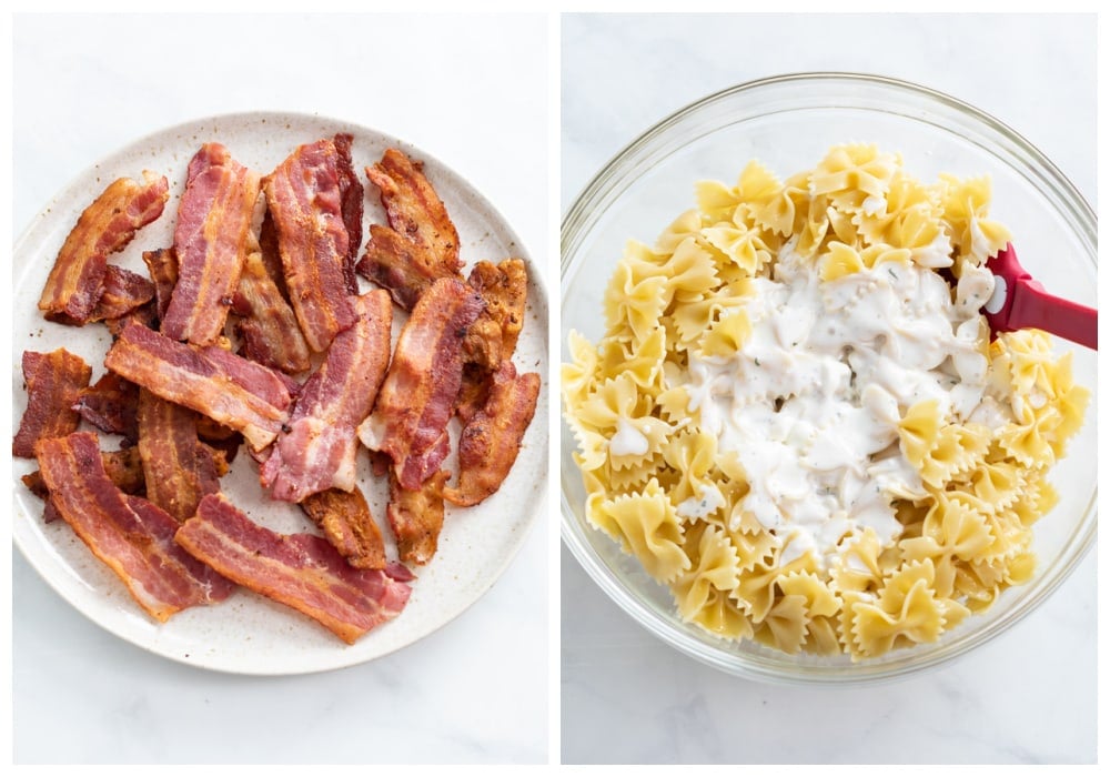 Crispy bacon on a plate next to a bowl of bowtie pasta with Ranch dressing.