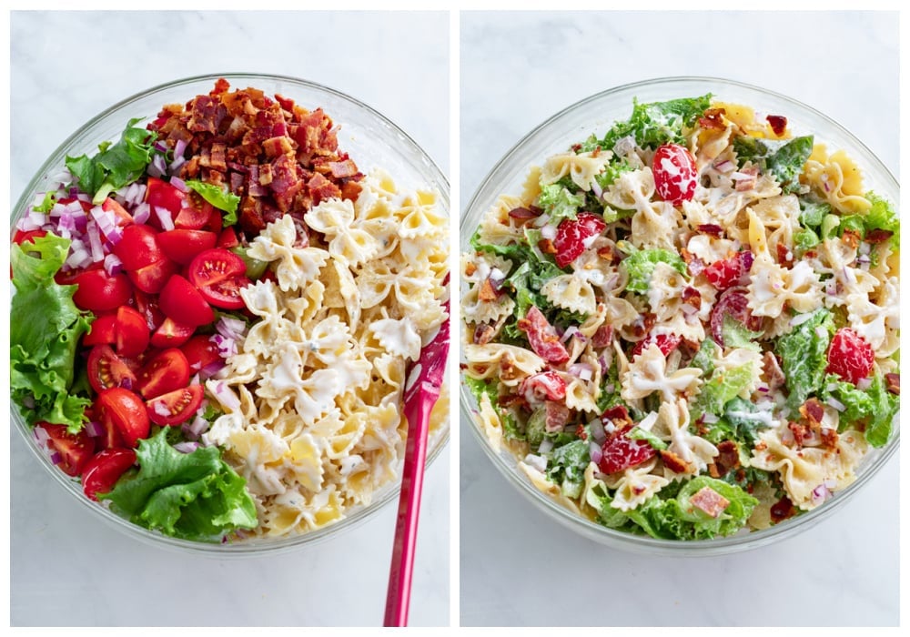 BLT Pasta Salad in a bowl before and after mixing the ingredients together.