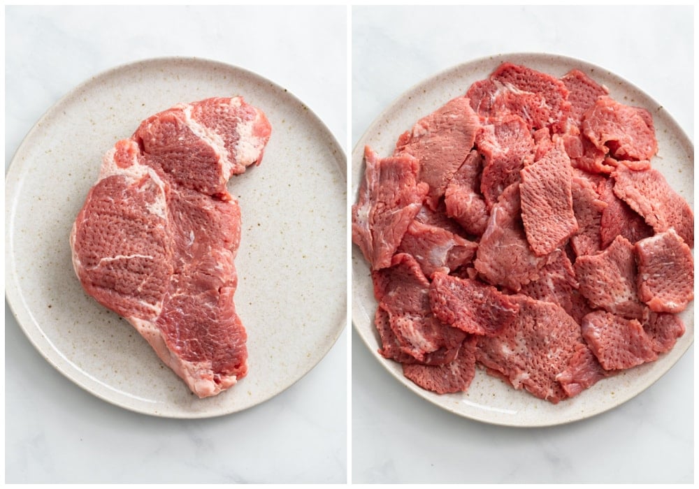 Beef before and after being sliced into thin cuts.