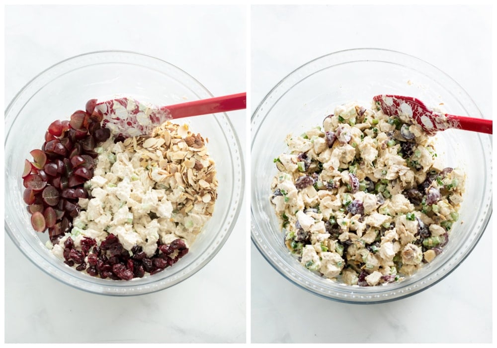 Chicken salad before and after mixing it.