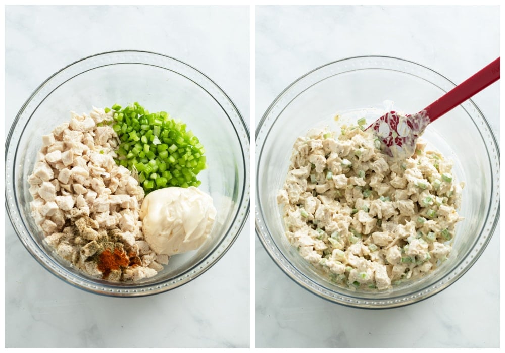 Chicken, Mayonnaise, and celery in a bowl before and after stirring for chicken salad.