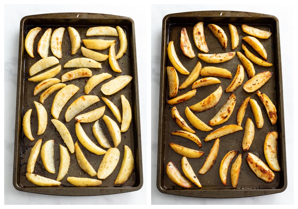 Greek Potatoes on a roasting pan before and after roasting.
