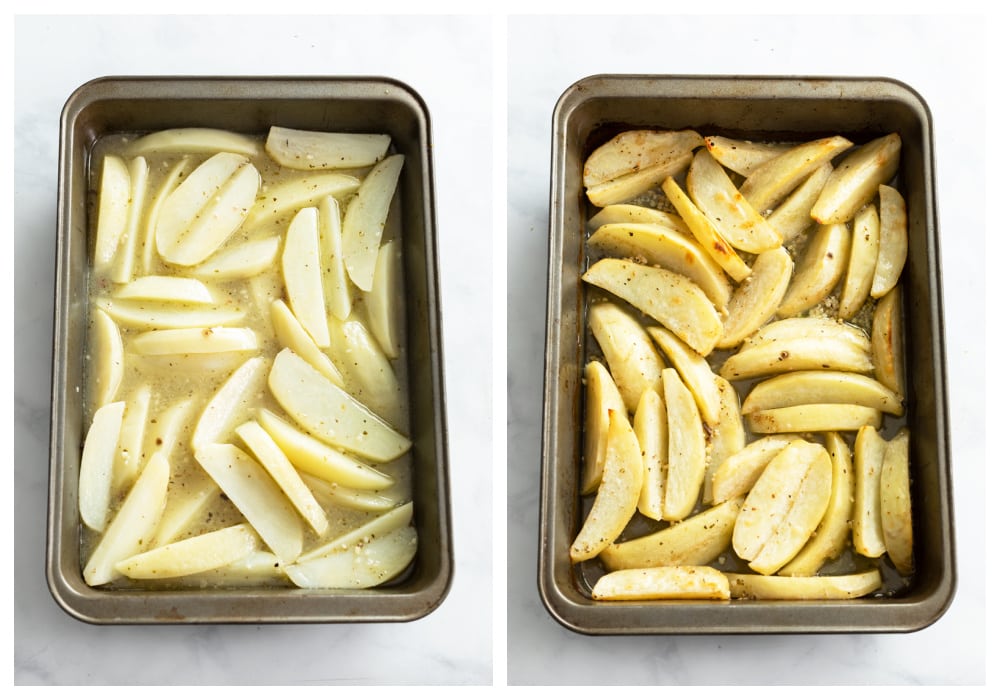 A roasting pan with Greek Potatoes in chicken broth and lemon juice before and after roasting.