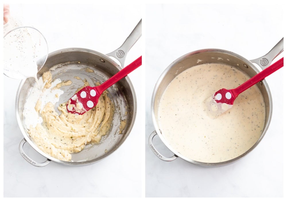 Making a creamy herb sauce in a skillet by adding cream, broth, and seasonings to a roux.