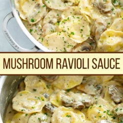 A collage of Ravioli in a creamy mushroom sauce in a skillet.