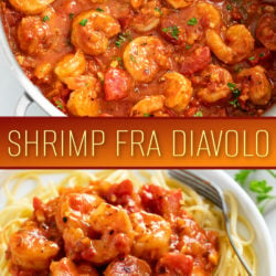A collage of Shrimp Fra Diavolo in a skillet and on a plate.