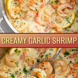 A collage of creamy garlic shrimp in a skillet.