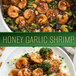 A collage of Honey Garlic Shrimp in a skillet and on a white plate.