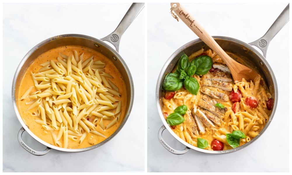 A skillet with sauce and penne next to a skillet of Caprese Pasta with chicken, tomatoes, and basil.