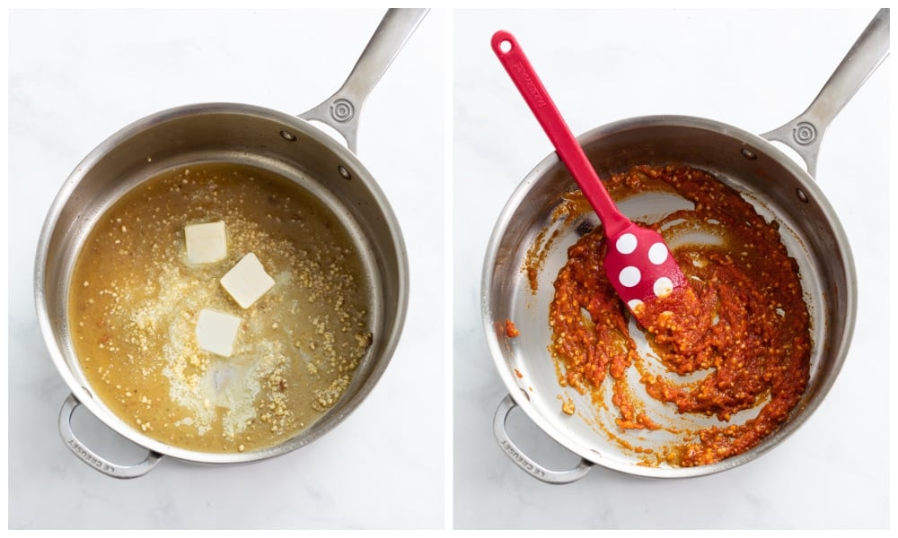 Making a roux in a skillet with butter, garlic, flour, and tomato paste.