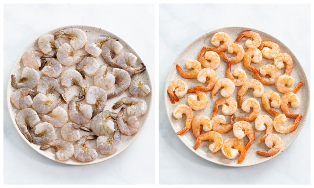 Shrimp on a plate before and after being cooked.